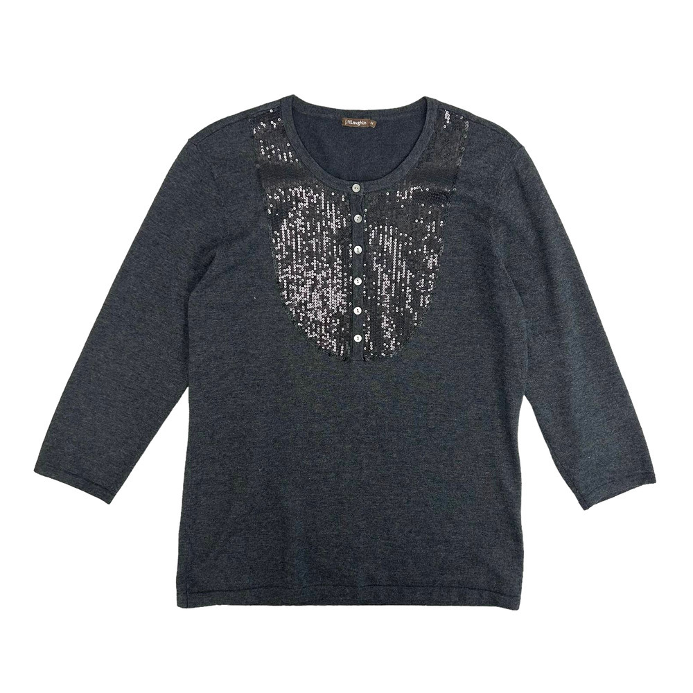 J. McLaughlin Charcoal Gray Black Sequin 3/4 Sleeve Henley Sweater Medium